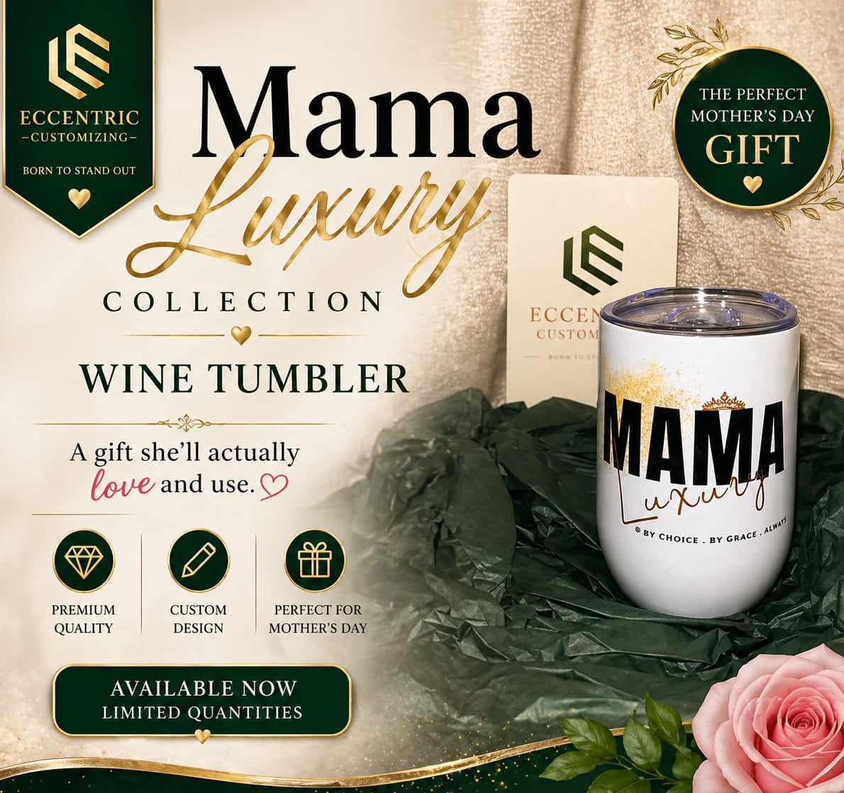 Mama Luxury wine tumbler with promotional text and branding on a decorative background.